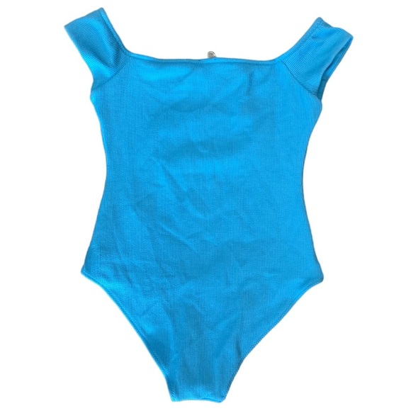 NWT Ganni One Piece Swimsuit Ribbed Short Sleeve in Bachelor Blue Size 36 - Picture 3 of 8